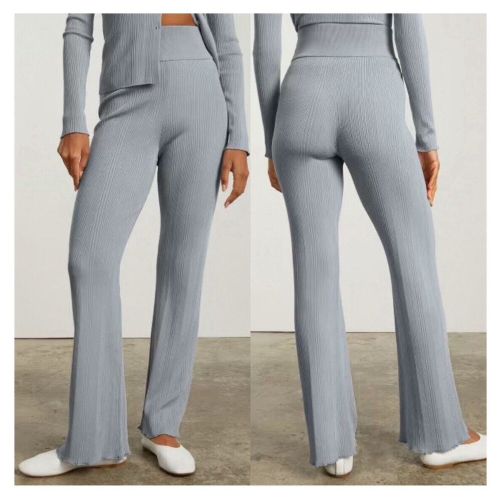 Everlane The Ribbed Knit Flare Knit Pants Sz Med Gray Pull On Elastic Waist NEW